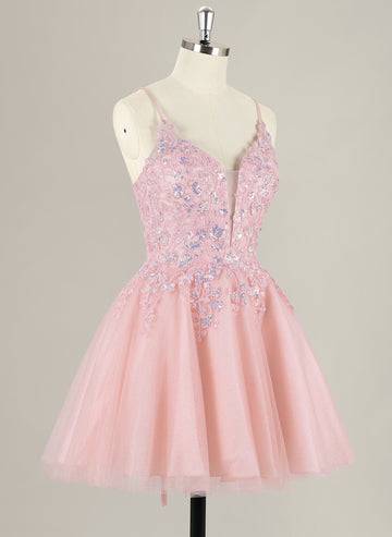 A-Line Spaghetti Straps Short Tulle Homecoming Dress